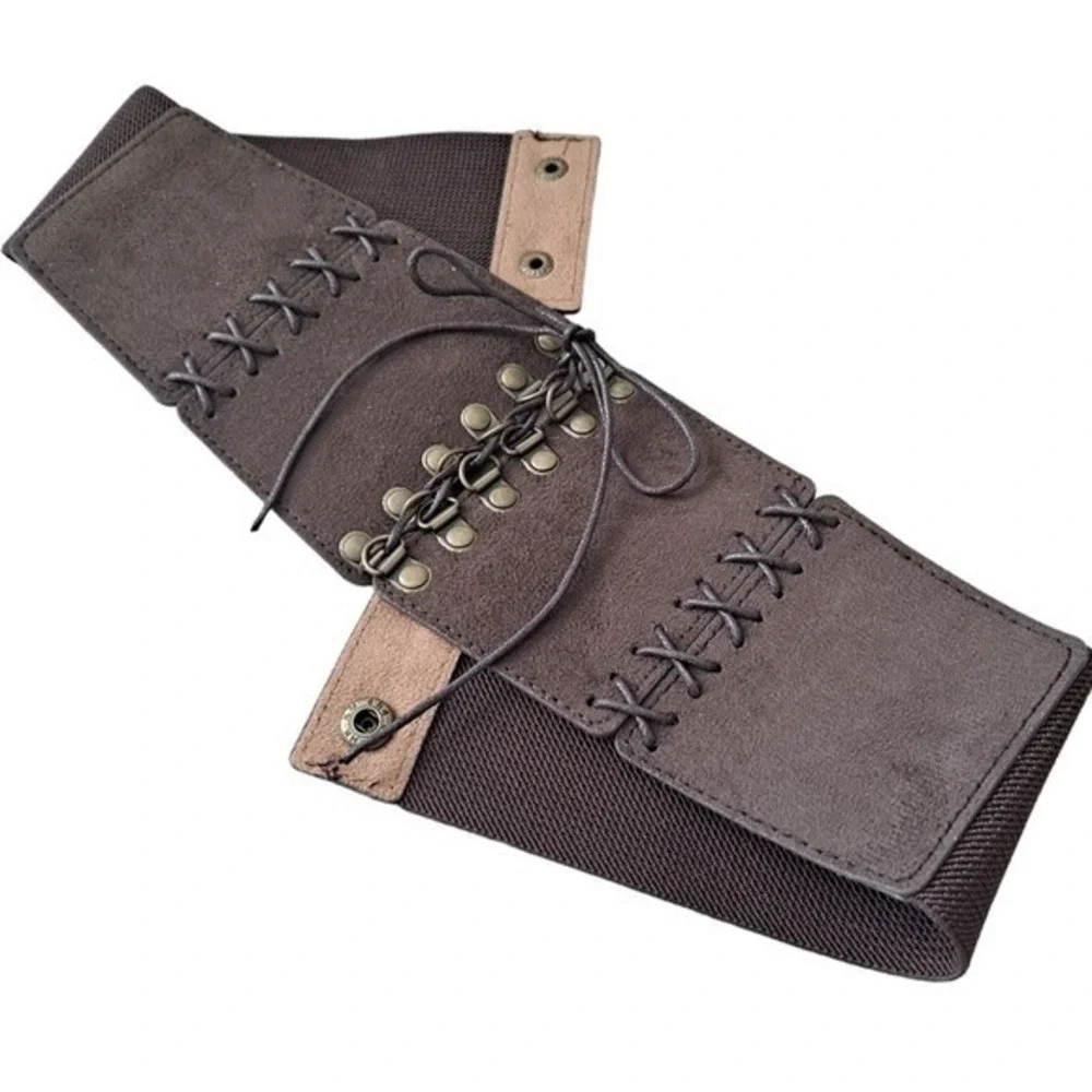 Western wide waist faux suede corset belt L/ XL dark brown boho lace up stretch